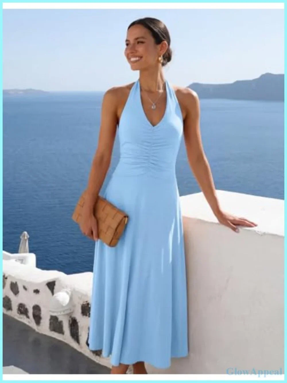Formal Halter Maxi Dress - Backless Sleeveless V Neck Ruched Cocktail Wedding